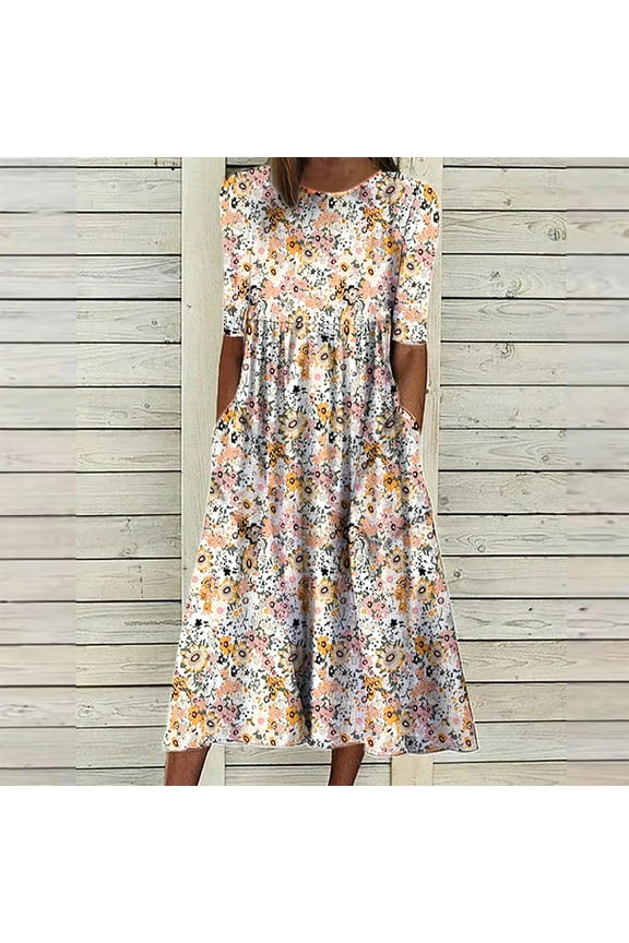 White A-Line Dress for Women Elbow-Length Casual Dresses for Women Round Neckline Boho Style 1950s Dresses S