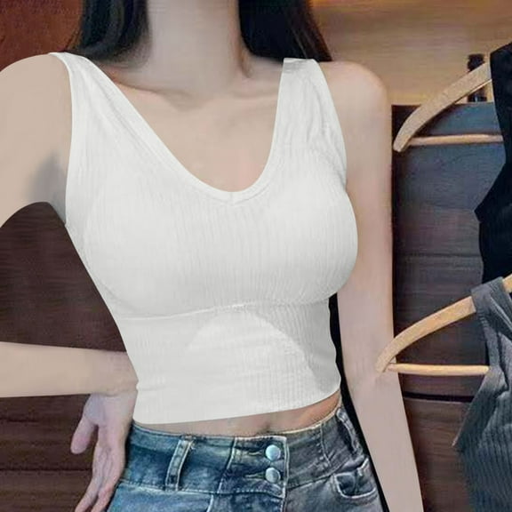 HOMBOM White Camisole Tops for Women Built in Bra Summer V-Neck Sleeveless Casual Solid Color Blouse