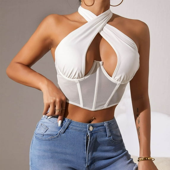 HOMBOM White Crop Tops for Women 2025 Sleeveless Halter Lace Patchwork Strapless Solid Color Corset Top