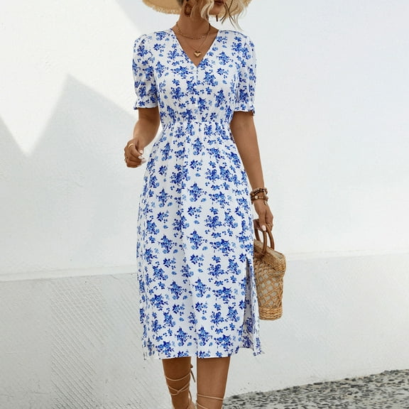 HOMBOM White Dresses for Women Vacation Long A-Line Short Sleeve Floral Vacation 2024 V-Neck Dresses XL