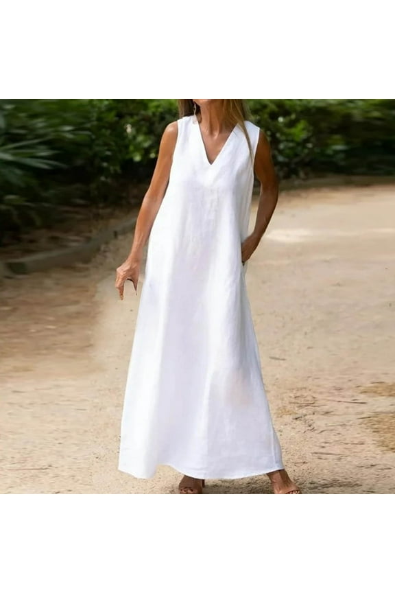 White Dresses for Women Vacation Long Summer Sundress V-Neck Holiday Beach Sleeveless Trendy Solid Dresses L
