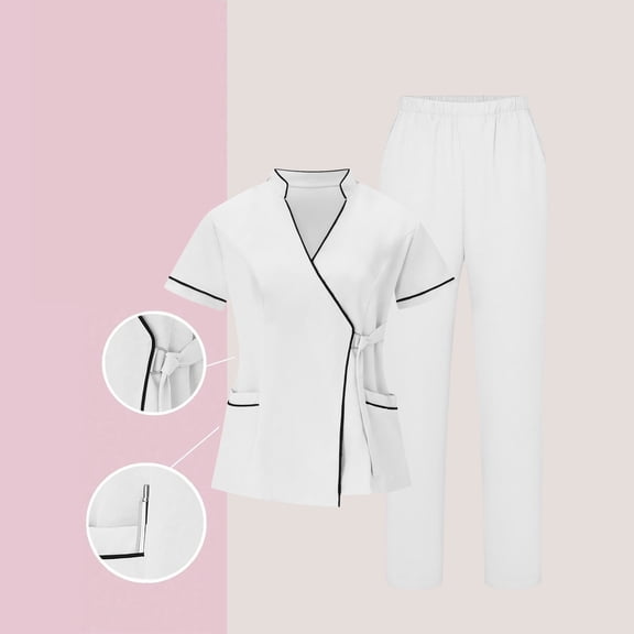 HOMBOM White Scrubs for Women Medical V Neck Scrub Top and Pant Short Sleeve Ladies Nursing Uniforms Modern