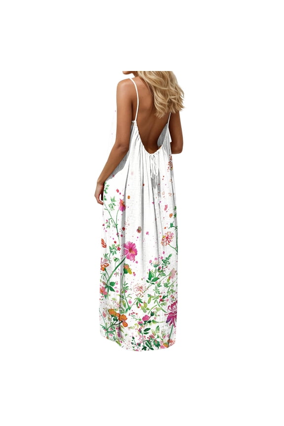 White Sundresses for Women Dresses Summer Beach Floral Hawaiian Backless Casual Womens Slip Dress Sleeveless