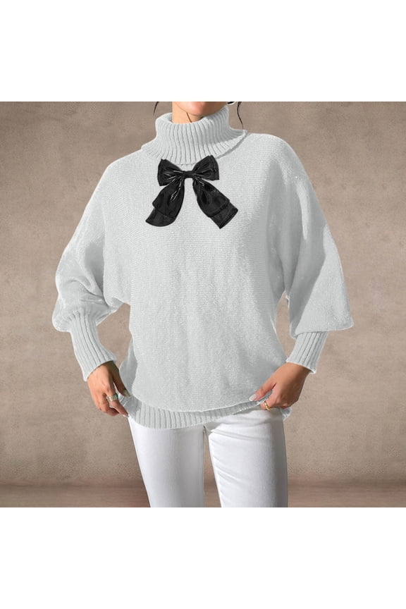 White Sweaters for Women Turtleneck Bow Fall Pullover Lightweight Plain Long Sleeve Womens Sweater