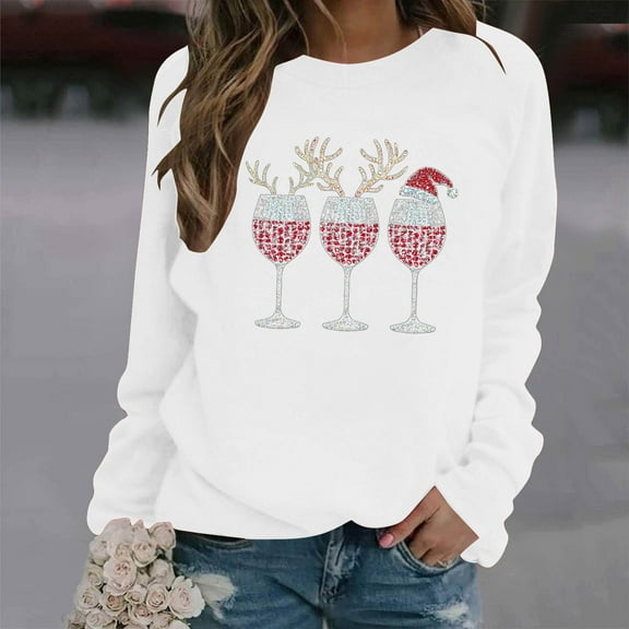 HOMBOM White Sweatshirts for Women Merry Fleece Crewneck Holiday Christmas Wine Glasses Xmas Adults Sweatshirt