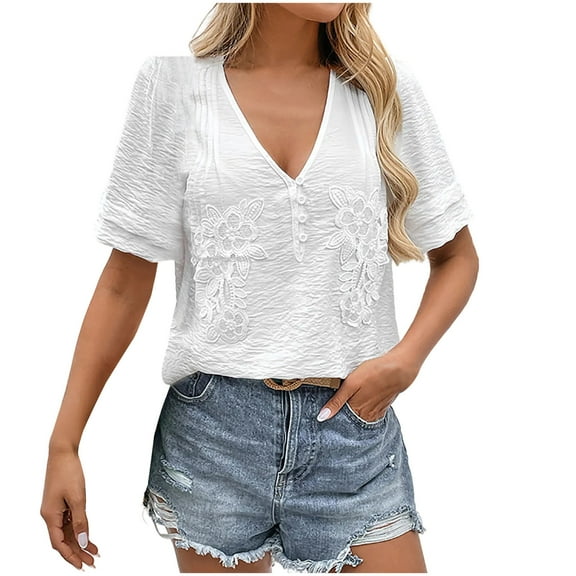 HOMBOM White Tops for Women Casual Loose V Neck Short Sleeve Embroidered Flowers Shirts XL