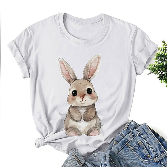 HOMBOM White Womens Easter Shirts 2024 Short Sleeve T-shirts Easter Rabbit Print Crew Neck Y2k Tops Summer L