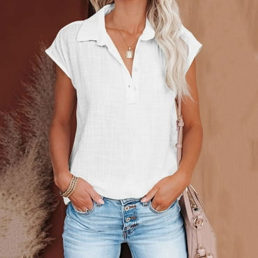 HOMBOM White Womens Tops Clearance Under $5 Casual Short Sleeve V-Neck Solid Button-Down Shirts XXL