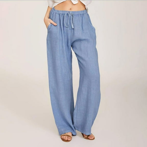 HOMBOM Wide Leg Pants Casual Light Blue Women Mid Elastic Waist Cotton Linen Long Wide-Leg Casual Y2k Pants For Females M