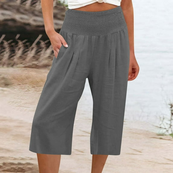 HOMBOM Wide Leg Pants Gray Capris Women Cropped High Elastic Waist Wide-Leg Casual Cotton Linen Y2k Pants For Females XXXL