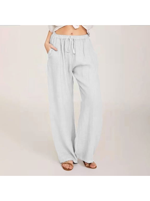 Wide Leg Pants White Women Casual Long Wide-Leg Mid Elastic Waist Cotton Linen Casual Y2k Pants Women M
