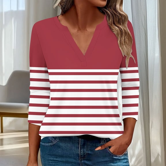HOMBOM Wine Blouses for Women Western V-Neck 3/4 Sleeve Fashion Striped Patchwork 2025 T-Shirts