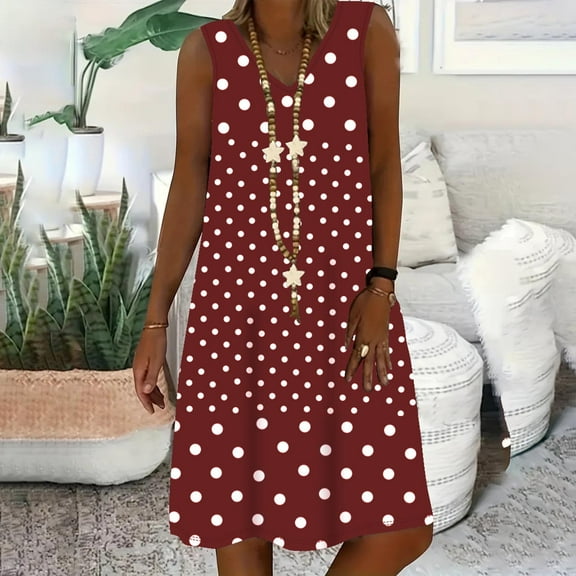 HOMBOM Wine Dresses for Women 2025 Sundress Popover Summer Mini Polka Dot Summer Tank V-Neck Dresses Women