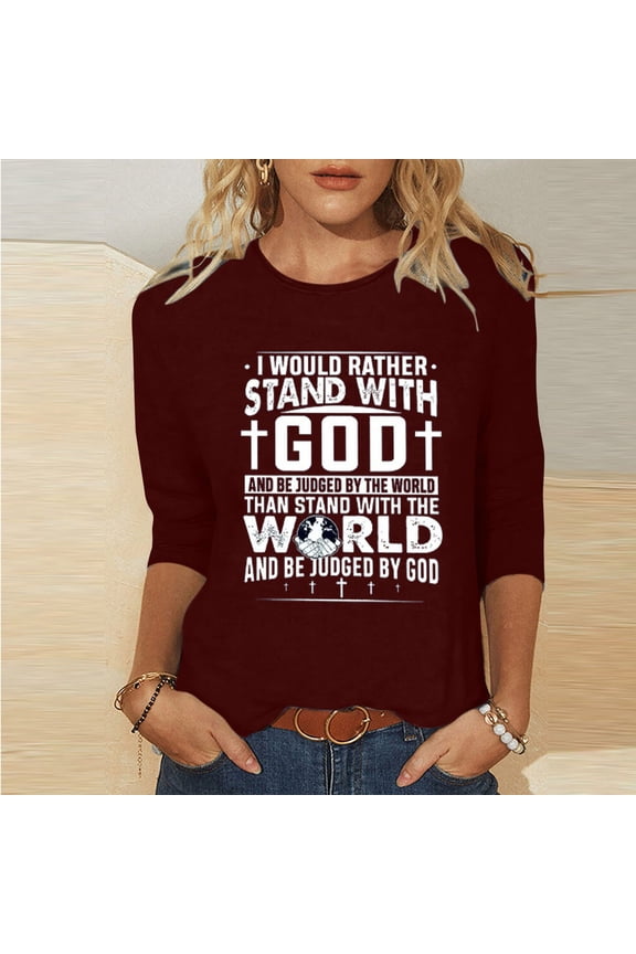 Wine Spring Womens Easter Shirts 3/4 Sleeve Graphic Tee Easter Cross of Jesus Round Neck Cute Tops For Women Y2k XL