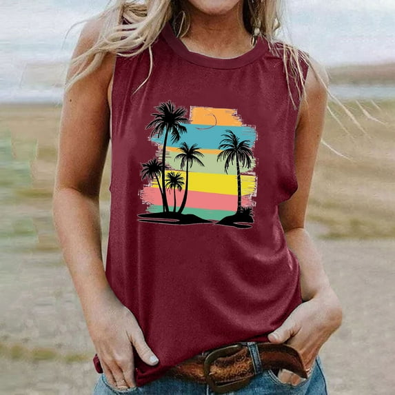 HOMBOM Wine Y2k Tops Summer Crew Neck Sleeveless Graphic Tee Tank Tops Tropical Hawaiian Palm Tree Y2k Tops XL