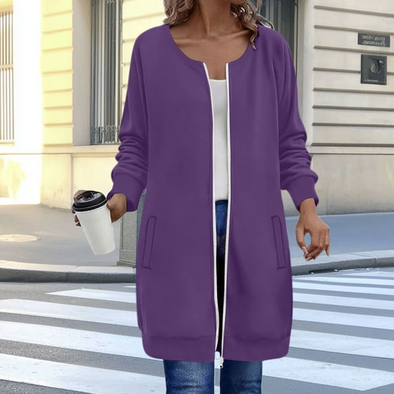 HOMBOM Winter Sweatshirt for Women Hoodless with Pocket Zip-Up Crew Neck Purple Long Sleeve Mid-Length Womens Jackets Plain