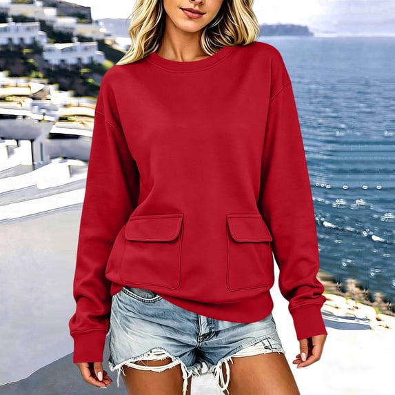 HOMBOM Winter Sweatshirts for Women Crew Neck Casual Long Sleeve Fashion with Pockets Ladies Sweat Shirts Loose Daily Wear
