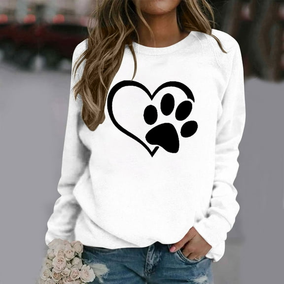 HOMBOM Winter Women Sweatshirt 2024 White Pullover Loose Crew Neck Tops Heart Dog Paw Print Long Sleeve Casual Sweatshirt