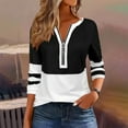 thumbnail image 1 of HOMBOM Women Blouses 3/4 Sleeve Black V Neck Pullover Casual Color Block Half Zip Tee, 1 of 6