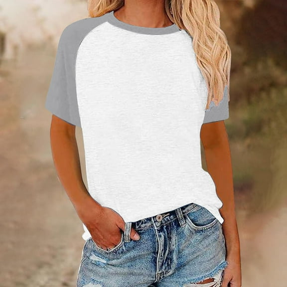 HOMBOM Women Blouses Dressy Gray New Arrivals Short Sleeve Contrasting Color Crew Neck Basic Raglan Sleeve T-shirt 5XL