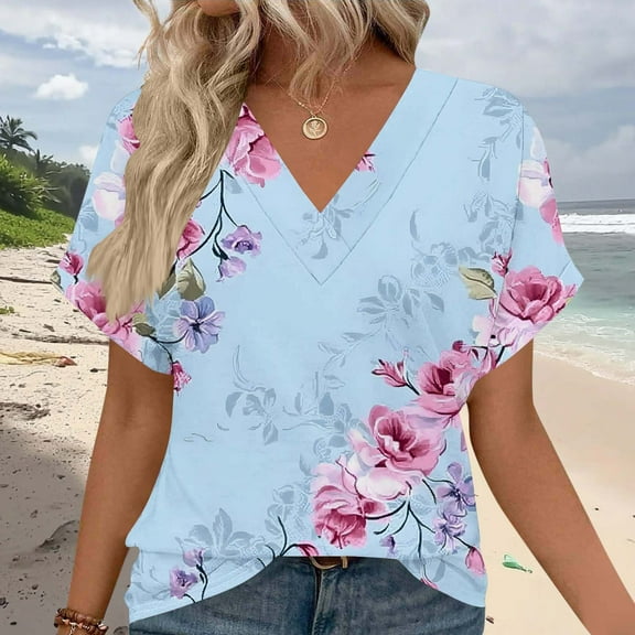 HOMBOM Women Blouses Dressy Light Blue Spring V Neck Graphic Tee Short Sleeve Floral Loose Shirts 2XL