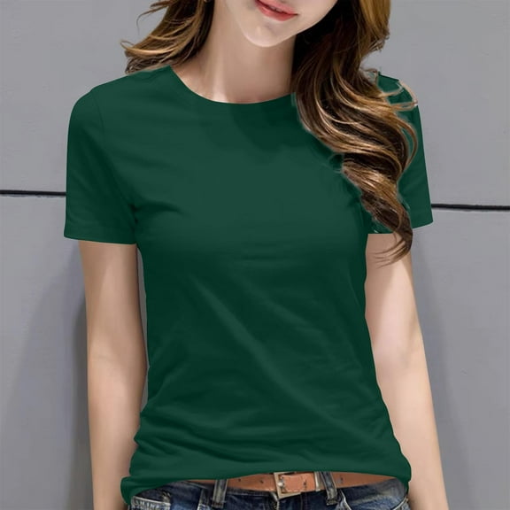 HOMBOM Women Blouses Dressy Plain Army Green Spring Cotton Short Sleeve Basic Crew Neck T-shirt 3XL