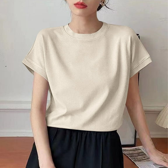 HOMBOM Women Blouses Dressy Romantic Beige Short Sleeve Crew Neck Basic Solid T-shirt L