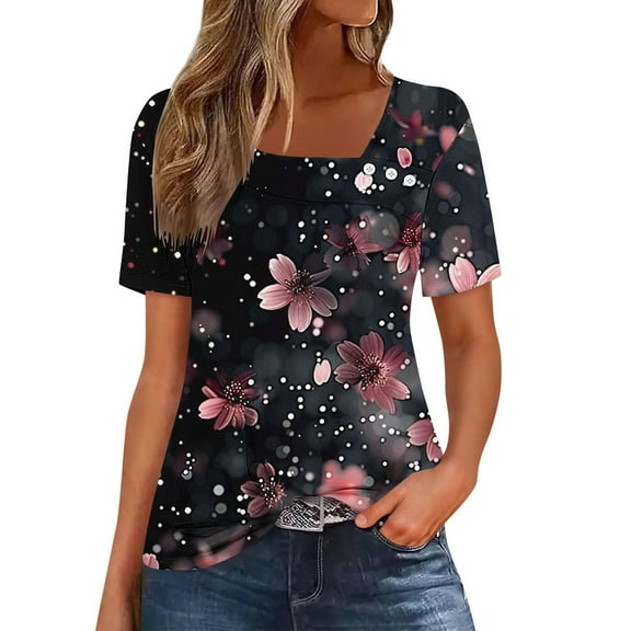 HOMBOM Women Blouses Dressy Spring Floral 2025 Asymmetrical Collar Short Sleeve Loose Square Neck Blouse L