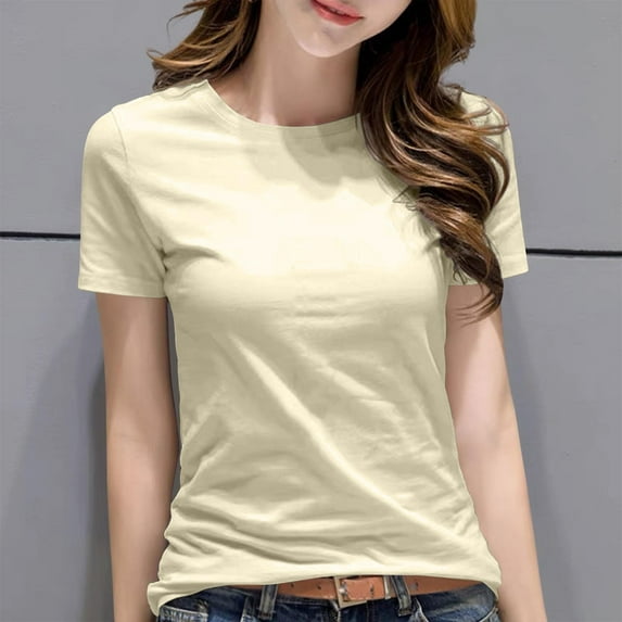 HOMBOM Women Blouses Dressy Spring Plain Beige Cotton Basic Crew Neck Short Sleeve T-shirt 5XL