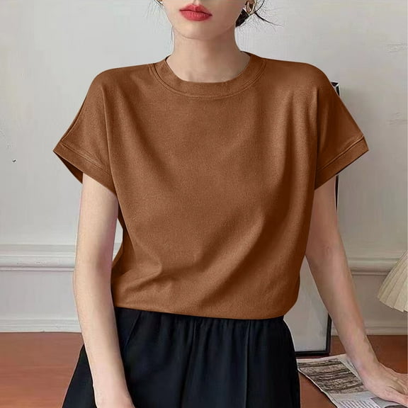 HOMBOM Women Blouses Dressy Summer Brown Short Sleeve Basic Solid Crew Neck T-shirt XL