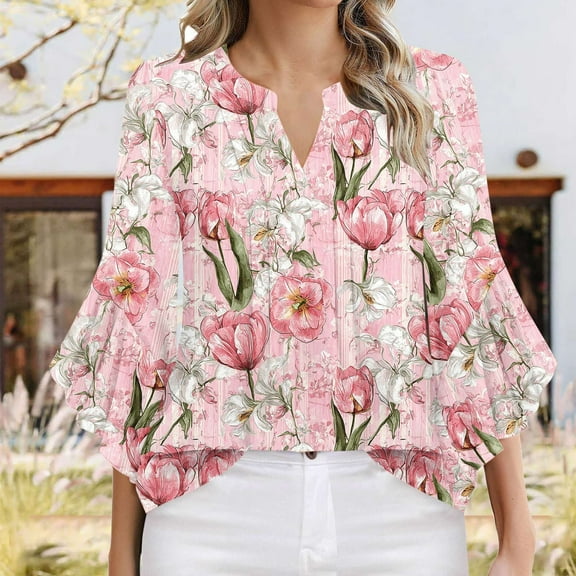 HOMBOM Women Blouses Pink V-Neck Ruffle Sleeves Casual Vacation Flowers 2025 3/4 Sleeve Blouse