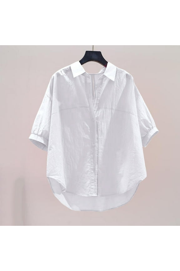 Women Button down Shirts White High-Low Vacation Solid Loose Fit Collared Short Sleeve Blouses 3XL