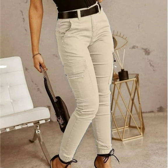 HOMBOM Women Cargo Pants Casual Khaki Slim Straight Casual Long Mid Elastic Waist Pants For Women Trendy M
