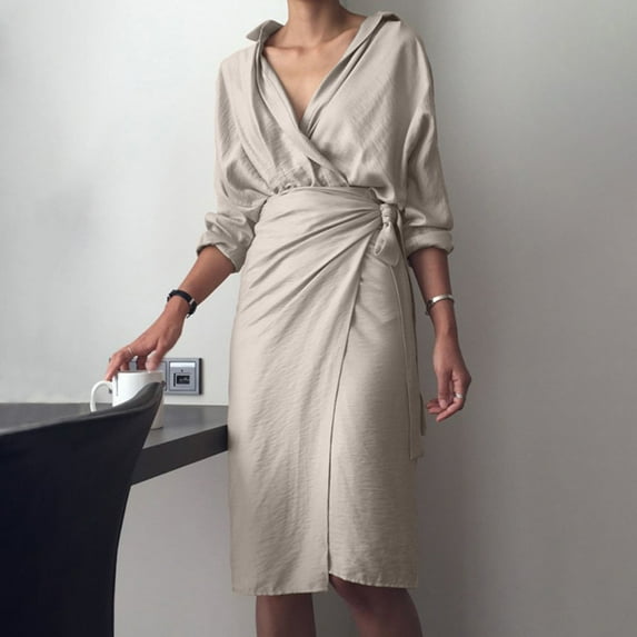 "HOMBOM Women Fall Dresses,Women's New Autumn Irregular Pack Hip Strap Dress V-neck Long Sleeve Solid Color Dress"