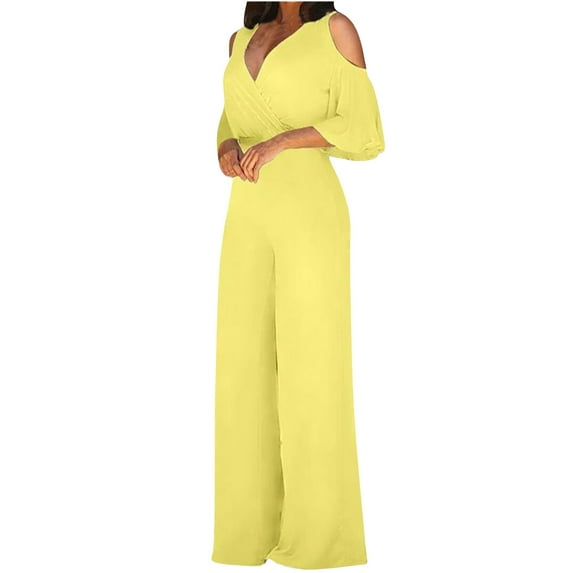 HOMBOM Women Jumpsuits On Clearance Under $7 Yellow Short Sleeve V-neck Solid Color Off Shoulder Straight-leg Jumpsuit L