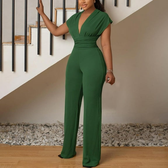 HOMBOM Women Jumpsuits and Rompers Elegant Green Short Sleeve Solid Color V-neck Straight-leg Jumpsuit S