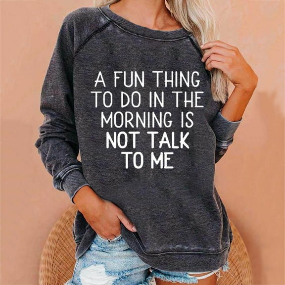 HOMBOM Women Plain Crewneck Hoodless Sweatshirt,Gray Round Neck Long Sleeve Letter Print Loose Tops