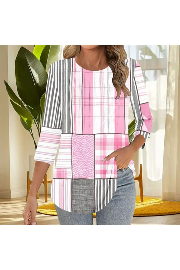 Women Shirts 3/4 Sleeve Pink Crew Neck Blouse Summer Front Pleated Color Block Blouse