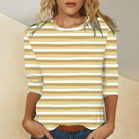 HOMBOM Women Shirts 3/4 Sleeve Yellow Crew Neck Pullover Summer Striped Casual Top