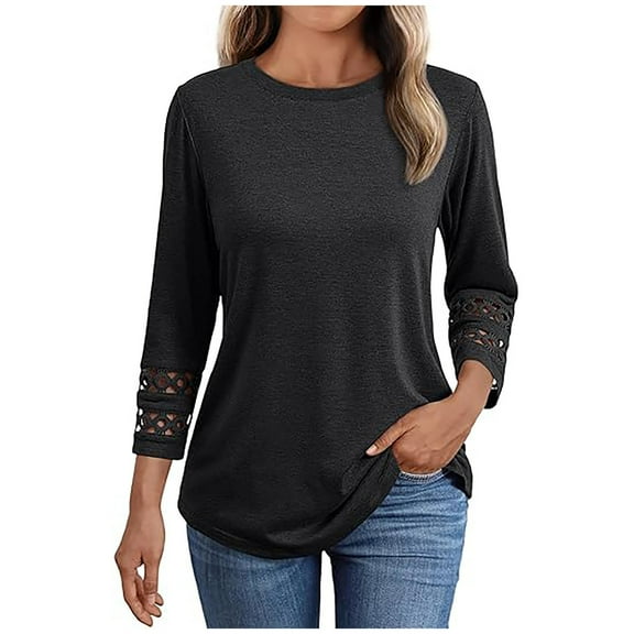 HOMBOM Women Shirts Casual 3/4 Sleeve Crew Neck Black 2025 Temperament Plain Color Lace Sleeves T-Shirts
