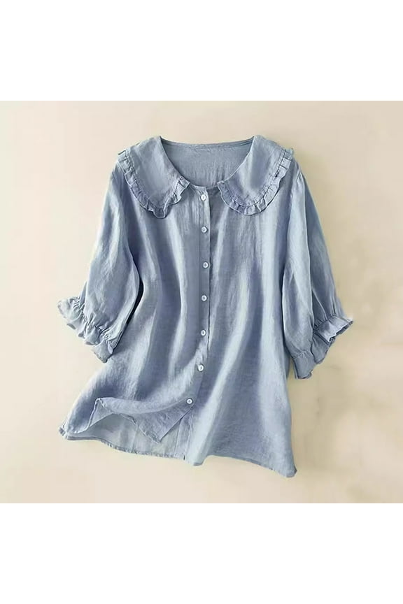 Women Shirts Cotton Light Blue Spring Solid Short Sleeve Collared Puff Sleeve Blouse 3XL