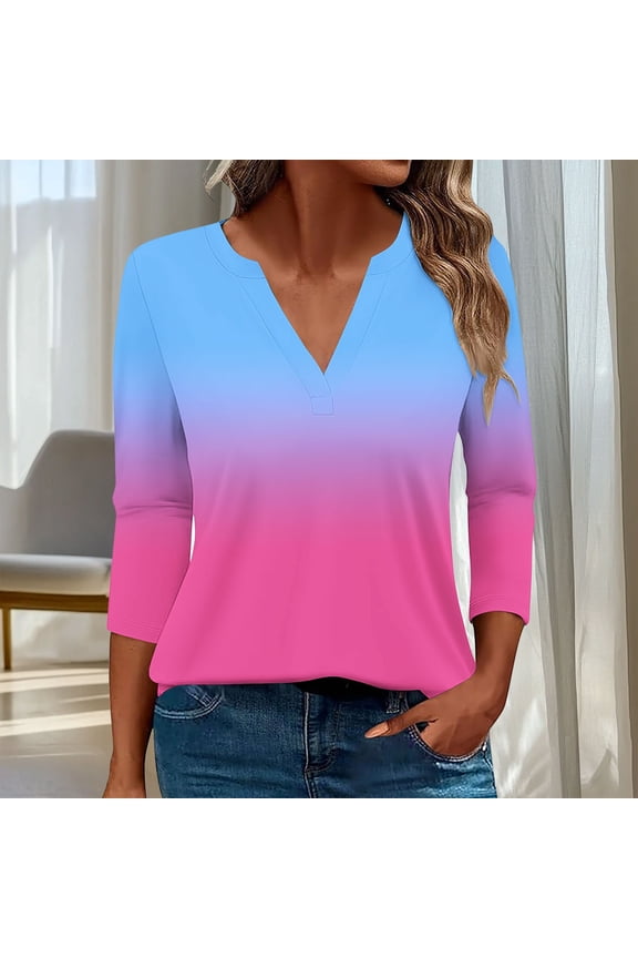 Women Shirts Hot Pink V-Neck Casual 3/4 Sleeve Gradient Color Temperament 2025 T-Shirts