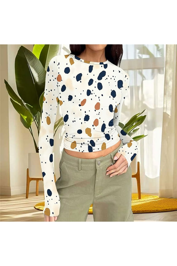 Women Shirts Khaki Crew Neck Long Sleeve Crop Tunic Polka Dot Slim Fit Tee