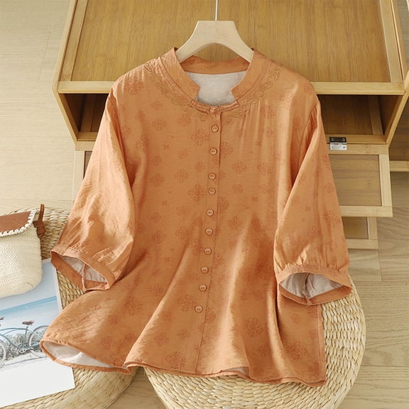 HOMBOM Women Shirts Orange Crew Neck 3/4 Sleeve Business New arrivals Graphic Floral Cotton Linen Button Blouse