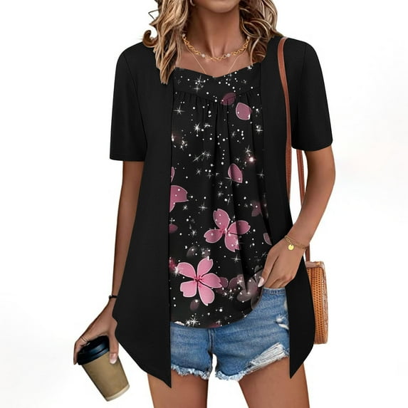 HOMBOM Women Shirts Summer Mint Green Fake Two Pieces Patchwork Crew Neck Floral Pleated Short Sleeve Shirts M