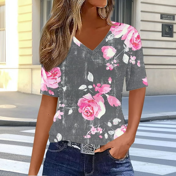 HOMBOM Women Shirts V Neck Romantic Gray Graphic Tee Short Sleeve Floral Blouse M