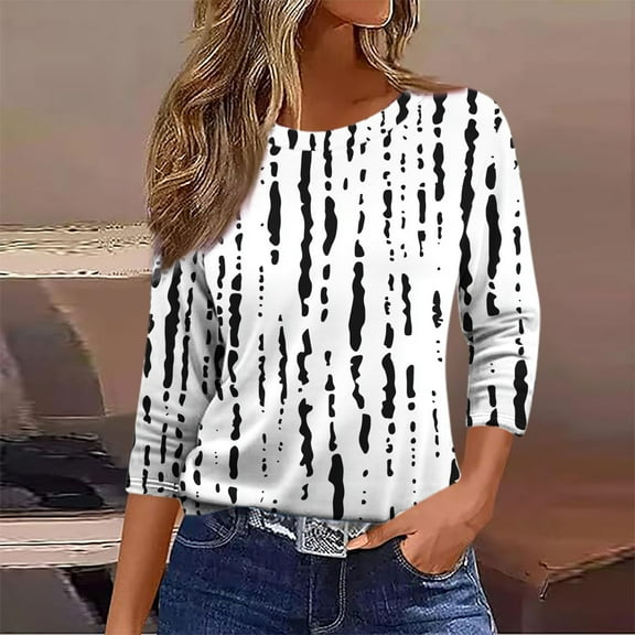 HOMBOM Women Shirts White Crew Neck 3/4 Sleeve Pullover Summer Summer Graphic T Shirt