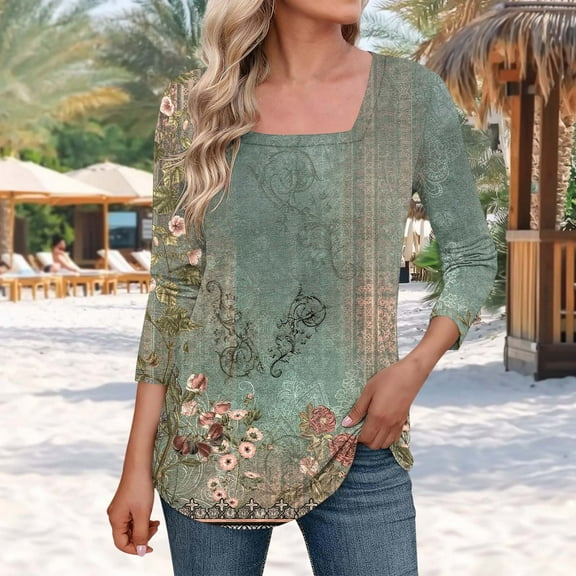 HOMBOM Women T Shirts Army Green Basic Square Neck 3/4 Sleeve Vintage Floral 2025 Holiday Blouse