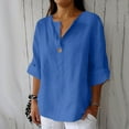thumbnail image 1 of HOMBOM Women T Shirts Blue Basic V-Neck 3/4 Sleeve Cotton Linen Solid Color 2025 Blouse, 1 of 6