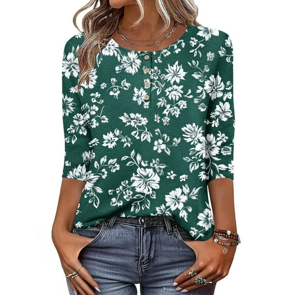 HOMBOM Women T Shirts Crew Neck 3/4 Sleeve Basic Green 2025 Temperament Vintage Floral Botton Shirts